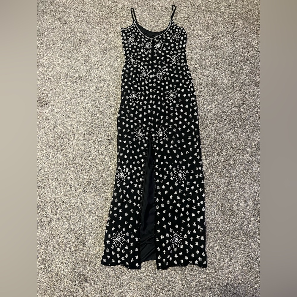 Sold-90s Vintage Y2K Fully Beaded 100% Silk Black Maxi Dress - Picture 12 of 12